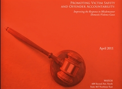 [ai] A judge's gavel on a circular wooden base with an orange background. The text above reads "Promoting Victim Safety and Offender Accountability: Improving the Response to Misdemeanor Domestic Violence Cases", dated April 2011.